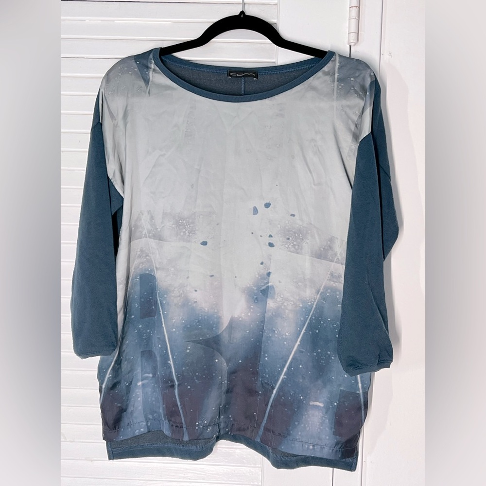 Blue silky style ocean top, Greek made, blue, silver, grey, turquoise